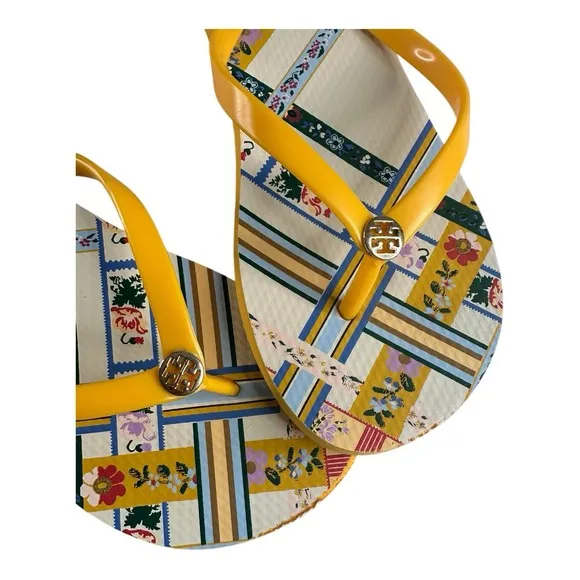 TORY BURCH FLIP FLOP/THONG SANDALS SIZE 9M GOLD CREST/RIBBON WEAVE COLOR USED