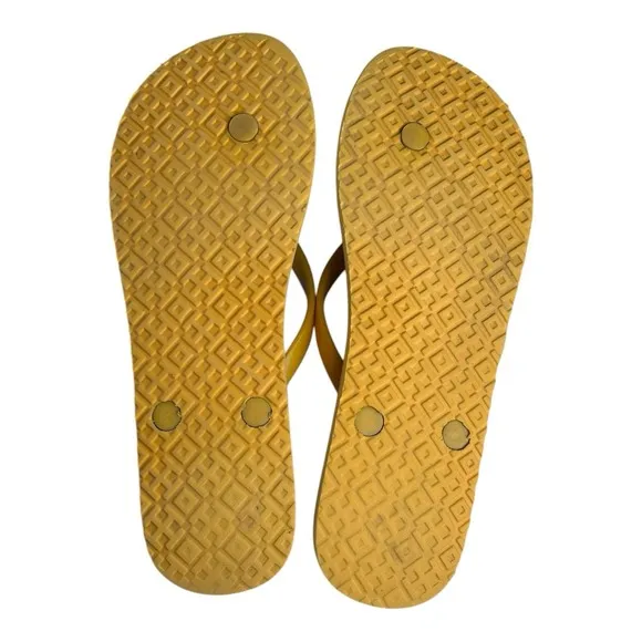 TORY BURCH FLIP FLOP/THONG SANDALS SIZE 9M GOLD CREST/RIBBON WEAVE COLOR USED