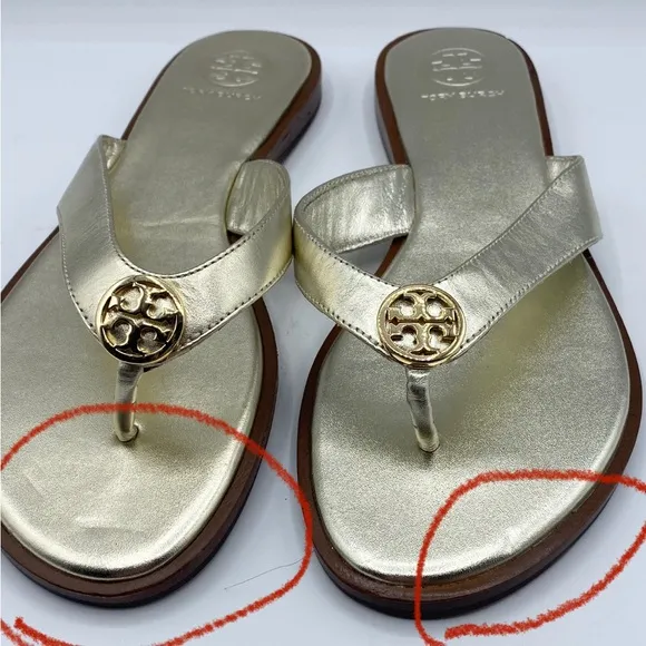 Tory‎ Burch Gold BentonLeather Flip Sandals *see note*