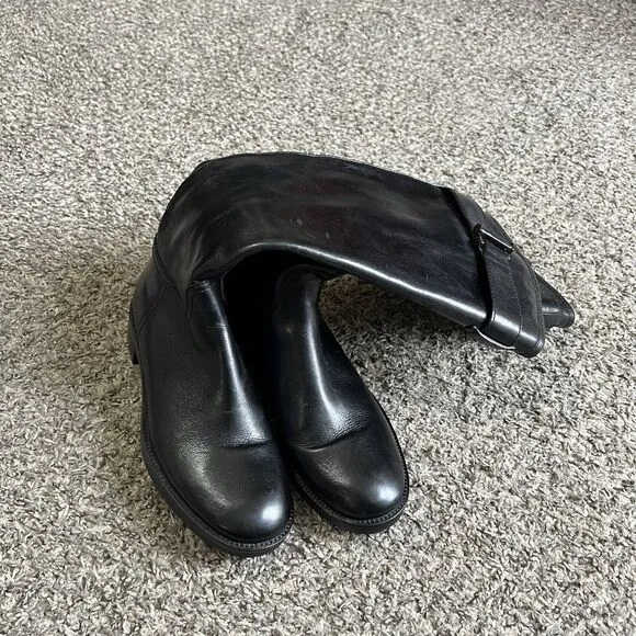 Tory Burch Grace Tall Leather Riding Boots Black Buckle Equestrian Size 6.5 M