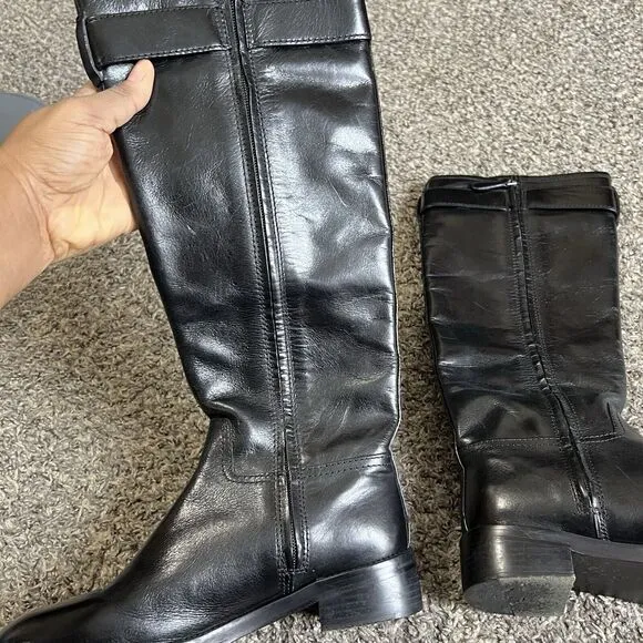 Tory Burch Grace Tall Leather Riding Boots Black Buckle Equestrian Size 6.5 M