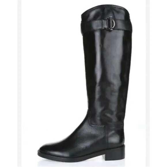 Tory Burch Grace Tall Leather Riding Boots Black Buckle Equestrian Size 6.5 M