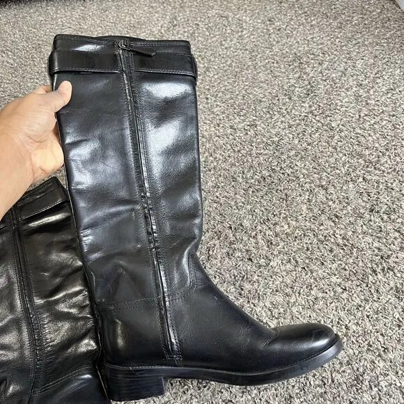 Tory Burch Grace Tall Leather Riding Boots Black Buckle Equestrian Size 6.5 M