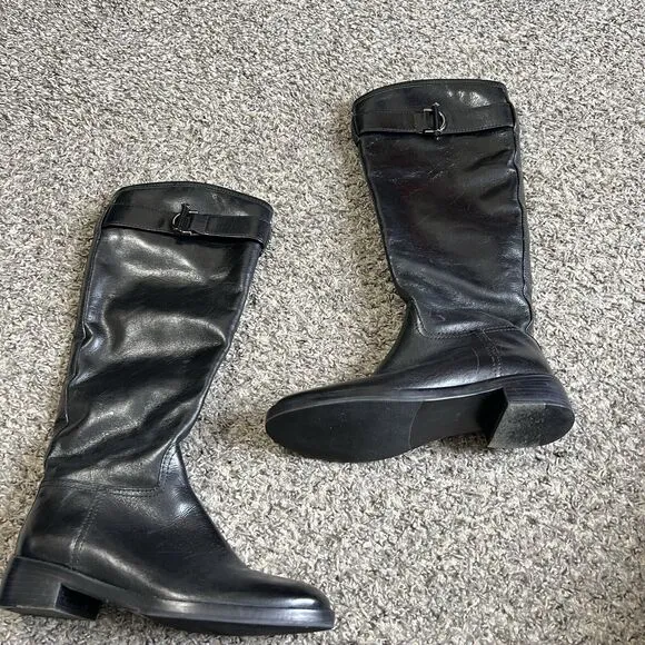 Tory Burch Grace Tall Leather Riding Boots Black Buckle Equestrian Size 6.5 M
