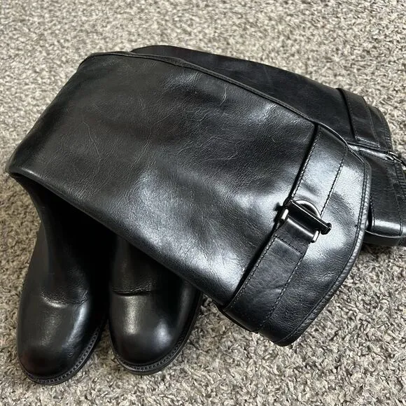 Tory Burch Grace Tall Leather Riding Boots Black Buckle Equestrian Size 6.5 M