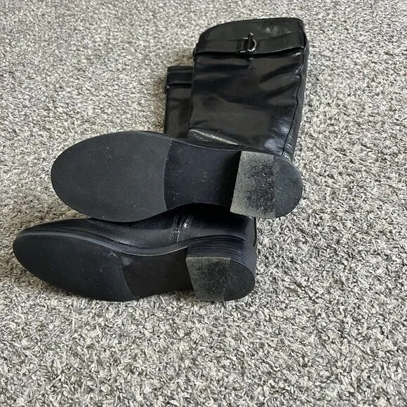 Tory Burch Grace Tall Leather Riding Boots Black Buckle Equestrian Size 6.5 M