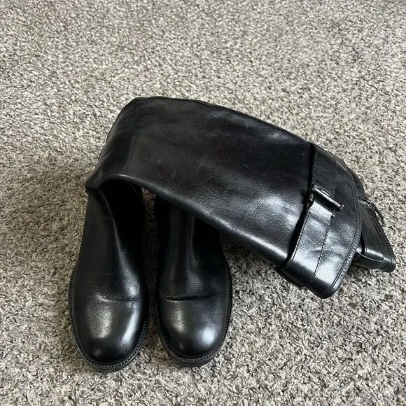 Tory Burch Grace Tall Leather Riding Boots Black Buckle Equestrian Size 6.5 M