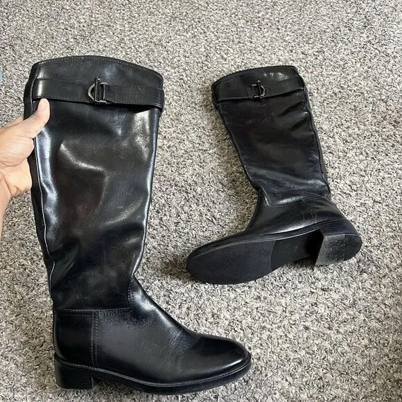 Tory Burch Grace Tall Leather Riding Boots Black Buckle Equestrian Size 6.5 M