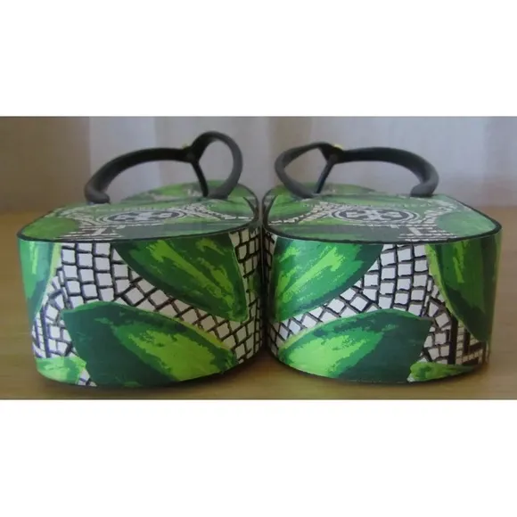 Tory Burch Green Leaves Tropical Platform Flip Flops Sandals Size 8