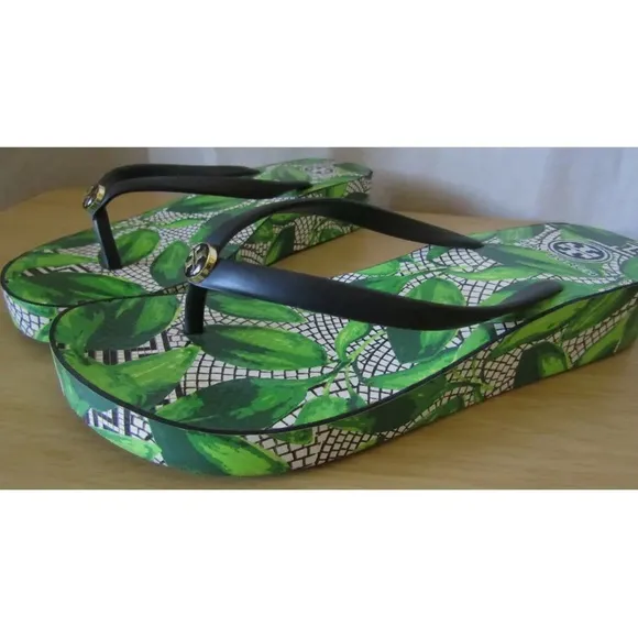 Tory Burch Green Leaves Tropical Platform Flip Flops Sandals Size 8