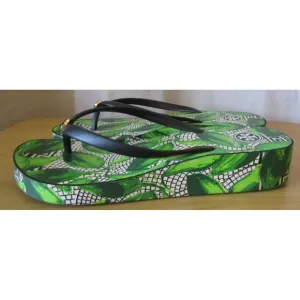 Tory Burch Green Leaves Tropical Platform Flip Flops Sandals Size 8