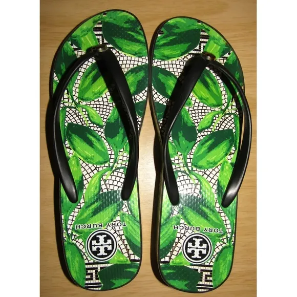 Tory Burch Green Leaves Tropical Platform Flip Flops Sandals Size 8