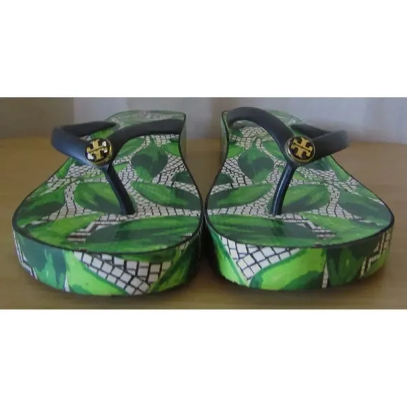 Tory Burch Green Leaves Tropical Platform Flip Flops Sandals Size 8