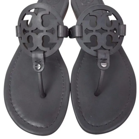 Tory Burch Grey Miller Flip Flops Leather Sandals
