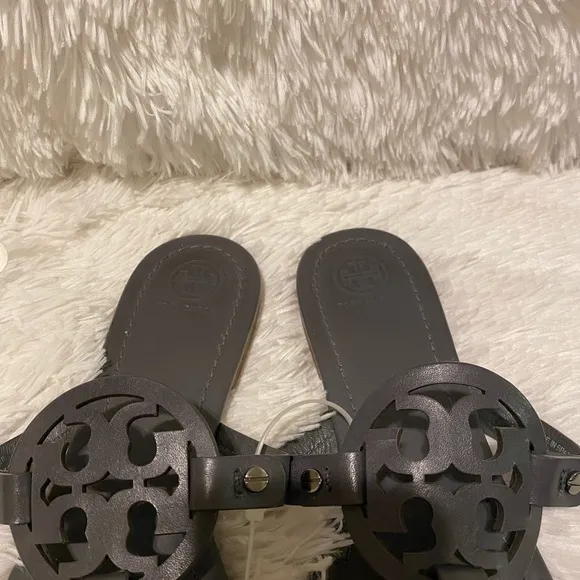 Tory Burch Grey Miller Flip Flops Leather Sandals