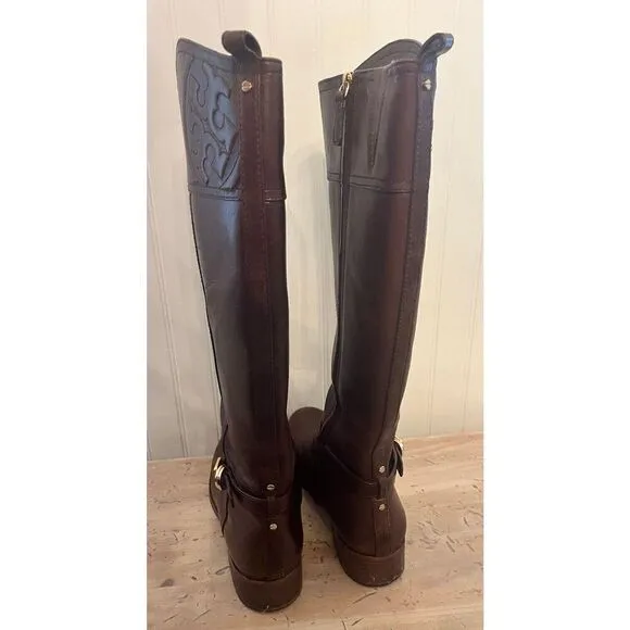 Tory Burch Leather Marlene Riding Boots Tall Logo Brown Inner Zip Size 9.5