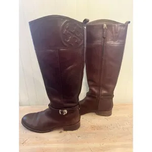 Tory Burch Leather Marlene Riding Boots Tall Logo Brown Inner Zip Size 9.5