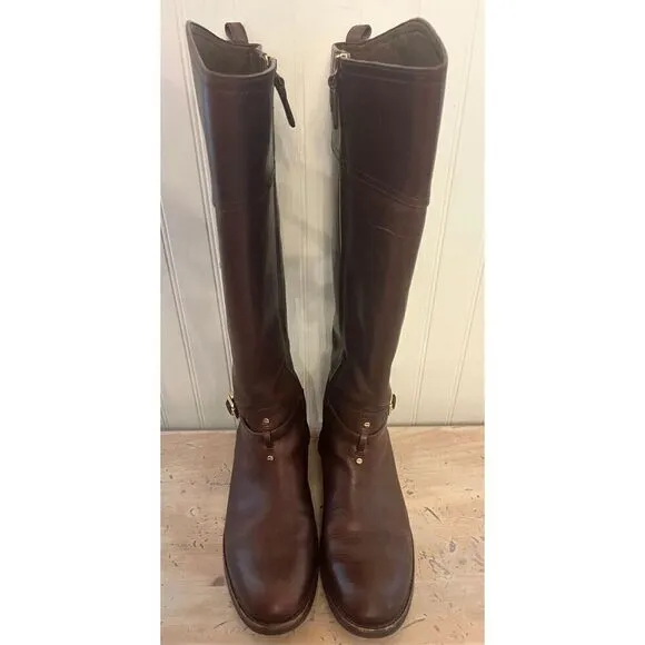 Tory Burch Leather Marlene Riding Boots Tall Logo Brown Inner Zip Size 9.5