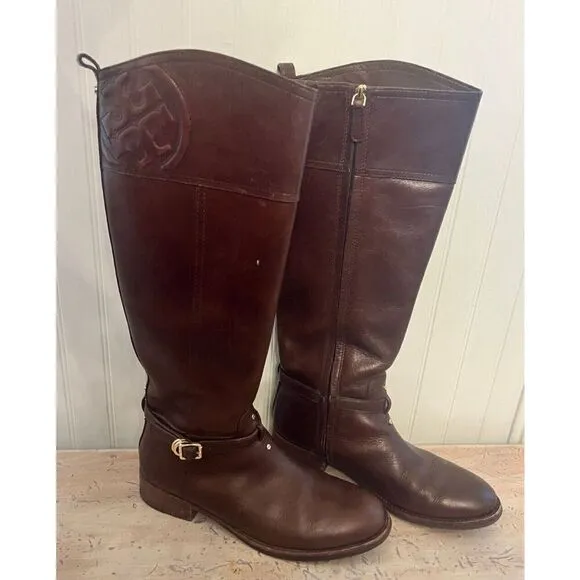 Tory Burch Leather Marlene Riding Boots Tall Logo Brown Inner Zip Size 9.5