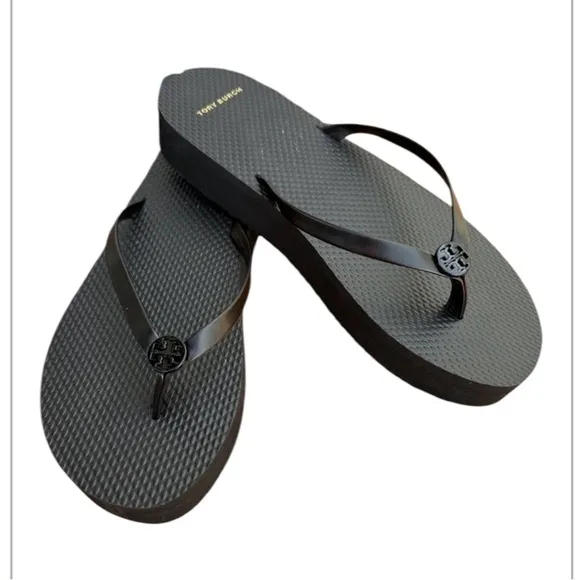 Tory Burch Leather strap Logo Wedge Flip Flops Sandals