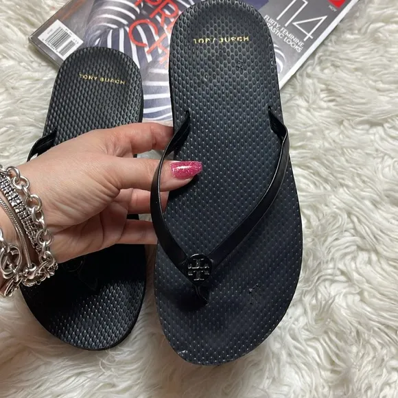 Tory Burch Leather strap Logo Wedge Flip Flops Sandals