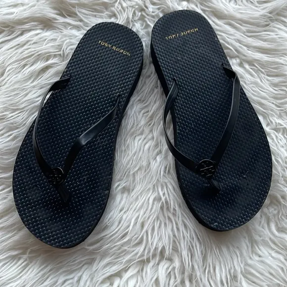 Tory Burch Leather strap Logo Wedge Flip Flops Sandals