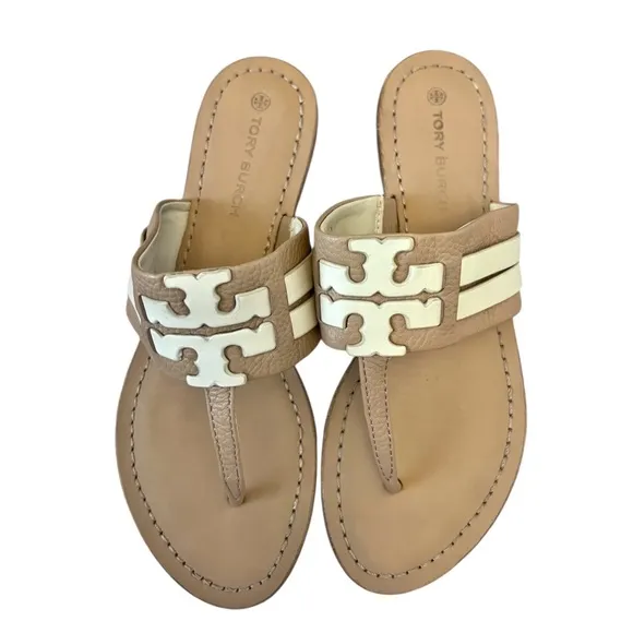 Tory Burch Leigh Flip Flop Sandals Tan Leather Size 7