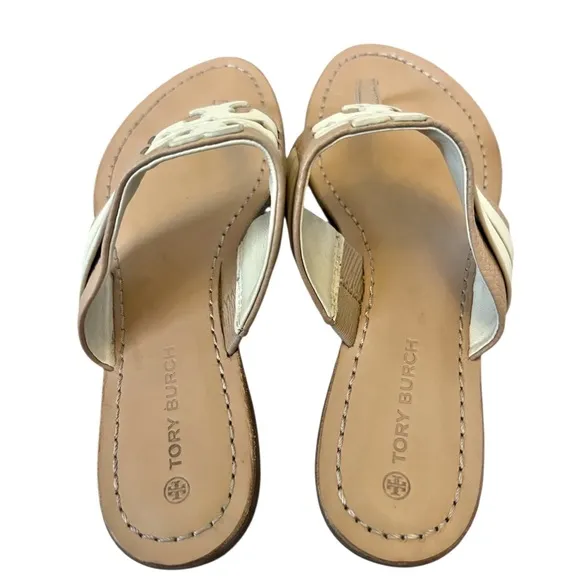 Tory Burch Leigh Flip Flop Sandals Tan Leather Size 7