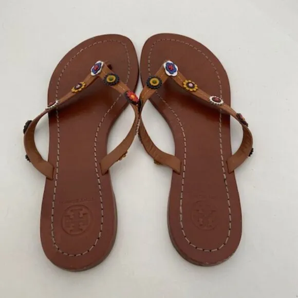 TORY BURCH Margarita Terra Flowers Brown Leather Flip Flops Thongs Sandals 6.5M