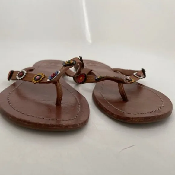 TORY BURCH Margarita Terra Flowers Brown Leather Flip Flops Thongs Sandals 6.5M