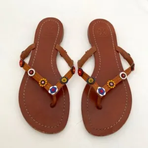 TORY BURCH Margarita Terra Flowers Brown Leather Flip Flops Thongs Sandals 6.5M