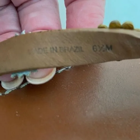TORY BURCH Margarita Terra Flowers Brown Leather Flip Flops Thongs Sandals 6.5M
