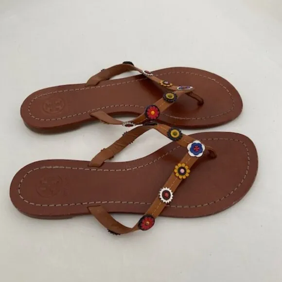TORY BURCH Margarita Terra Flowers Brown Leather Flip Flops Thongs Sandals 6.5M