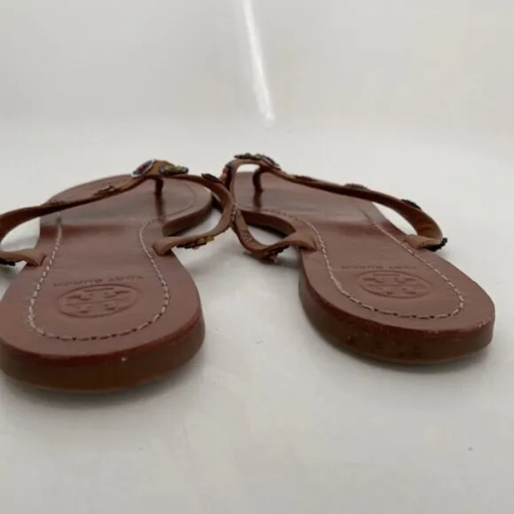 TORY BURCH Margarita Terra Flowers Brown Leather Flip Flops Thongs Sandals 6.5M