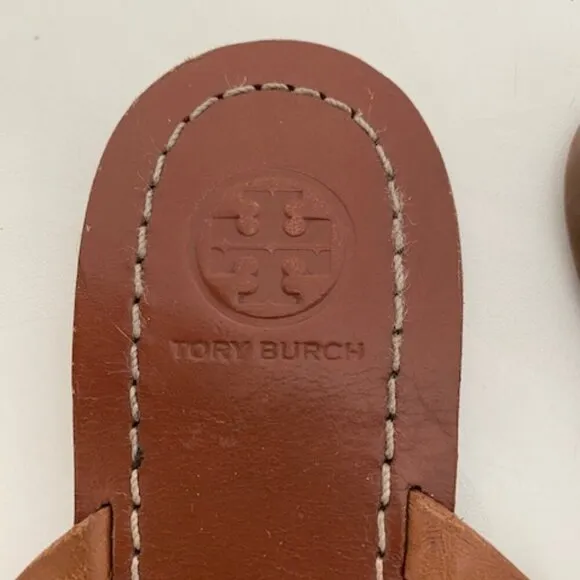 TORY BURCH Margarita Terra Flowers Brown Leather Flip Flops Thongs Sandals 6.5M