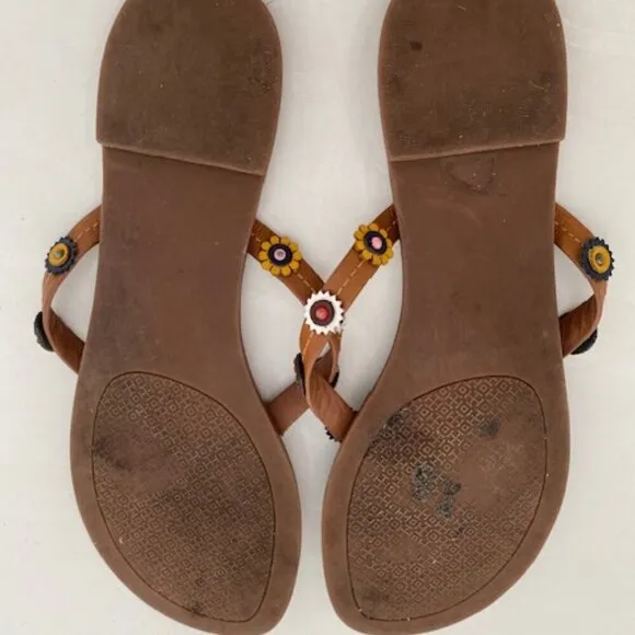 TORY BURCH Margarita Terra Flowers Brown Leather Flip Flops Thongs Sandals 6.5M