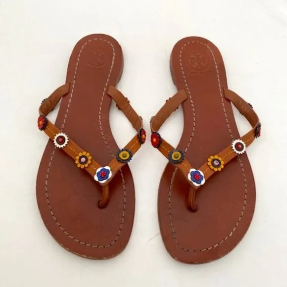 TORY BURCH Margarita Terra Flowers Brown Leather Flip Flops Thongs Sandals 6.5M