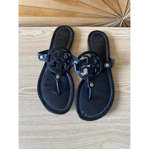 TORY BURCH Miller Black Patent Leather Flip Flop Sandals Women Size 7 M