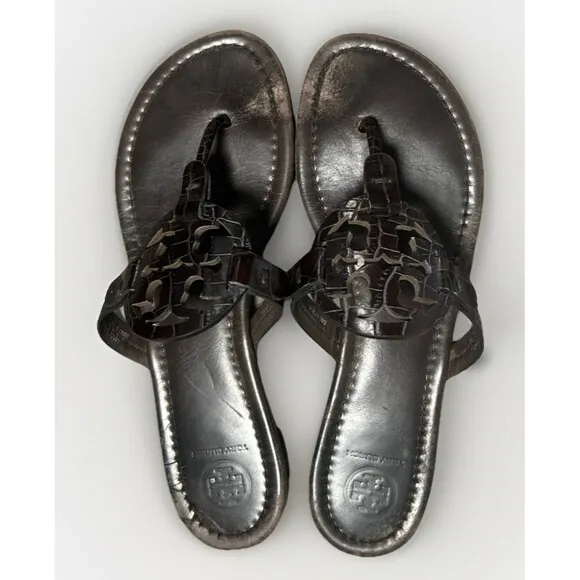 Tory Burch Miller Sandals Size 8 M Dark Brown Flip Flop Leather Logo Snake Croc