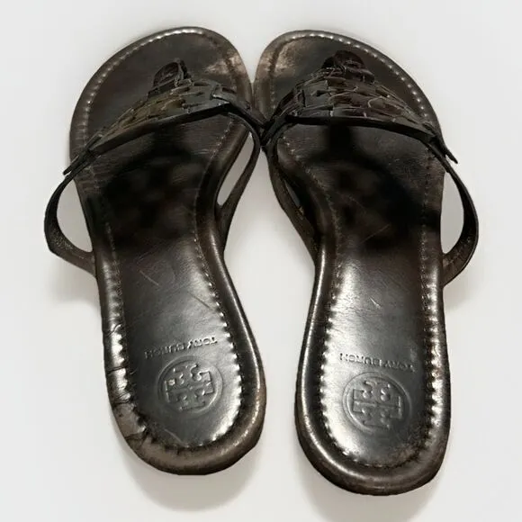 Tory Burch Miller Sandals Size 8 M Dark Brown Flip Flop Leather Logo Snake Croc