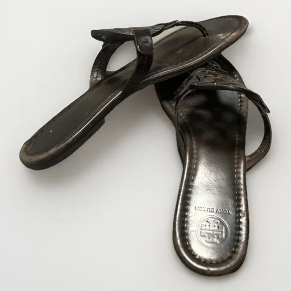 Tory Burch Miller Sandals Size 8 M Dark Brown Flip Flop Leather Logo Snake Croc