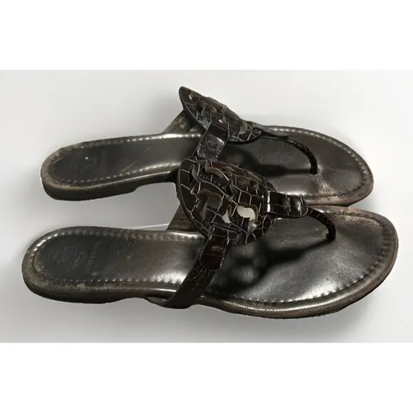 Tory Burch Miller Sandals Size 8 M Dark Brown Flip Flop Leather Logo Snake Croc