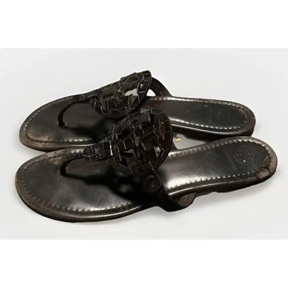 Tory Burch Miller Sandals Size 8 M Dark Brown Flip Flop Leather Logo Snake Croc