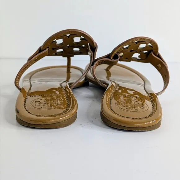 Tory Burch Miller Sandals Womens 7.5 Tan Patent Leather Flat Double T Logo Thong
