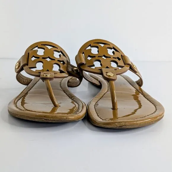 Tory Burch Miller Sandals Womens 7.5 Tan Patent Leather Flat Double T Logo Thong