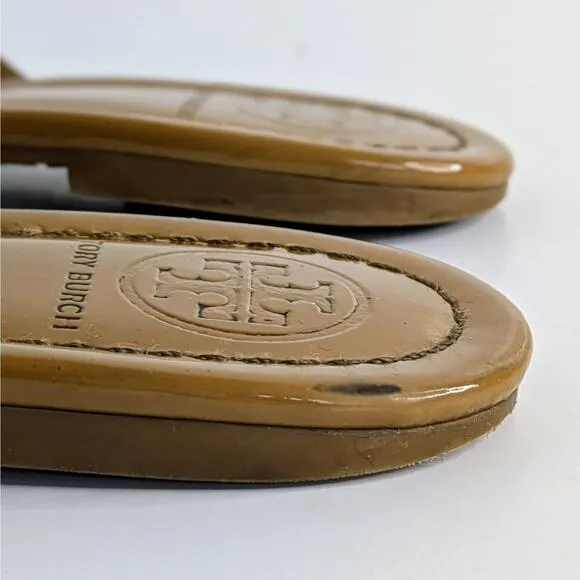 Tory Burch Miller Sandals Womens 7.5 Tan Patent Leather Flat Double T Logo Thong