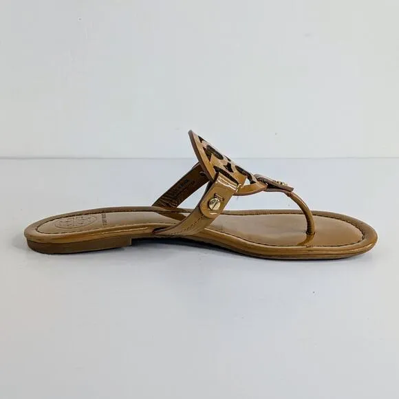 Tory Burch Miller Sandals Womens 7.5 Tan Patent Leather Flat Double T Logo Thong