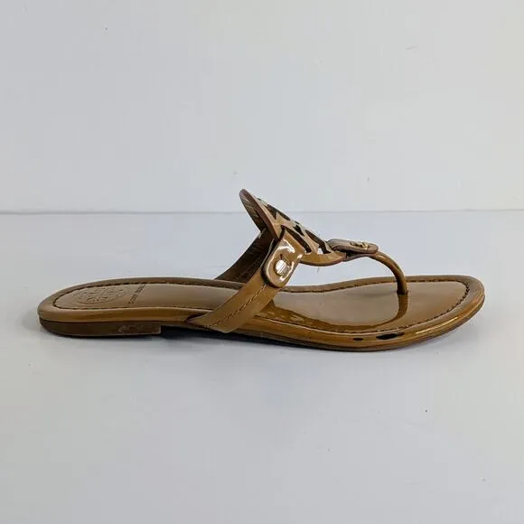 Tory Burch Miller Sandals Womens 7.5 Tan Patent Leather Flat Double T Logo Thong