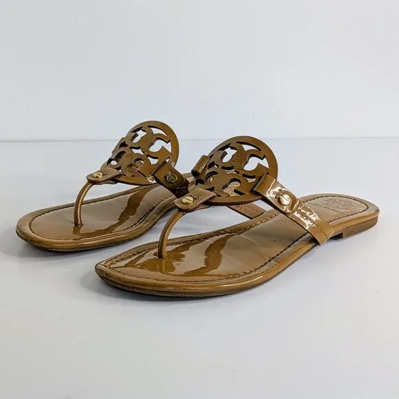 Tory Burch Miller Sandals Womens 7.5 Tan Patent Leather Flat Double T Logo Thong