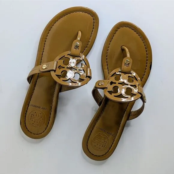 Tory Burch Miller Sandals Womens 7.5 Tan Patent Leather Flat Double T Logo Thong